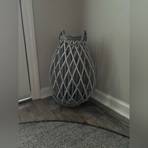 Modern Farmhouse Large Grey Woven Rattan Wicker Lantern Candleholder Basket